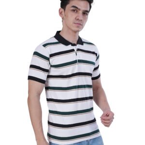 Stylish Men | Polo Cotton Striped Collar | T-shirt | Green- Black -White
