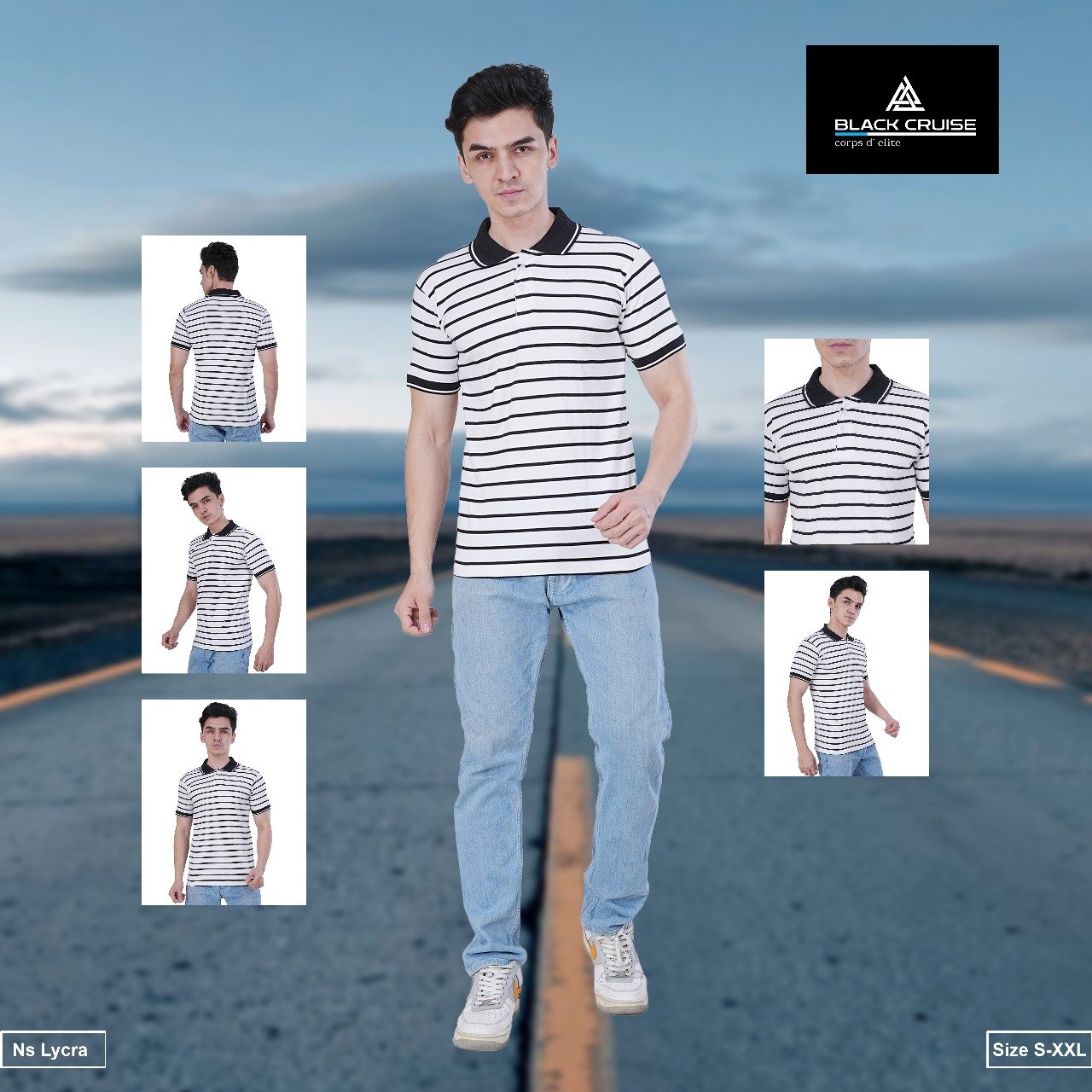 Men | Polo Cotton Striped Collar | T-shirt | Black-White